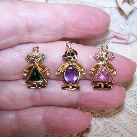 Trio of Sterling Silver Vermeil Enamel Rhinestone Children Charms or Pendants - Picture 2 of 4